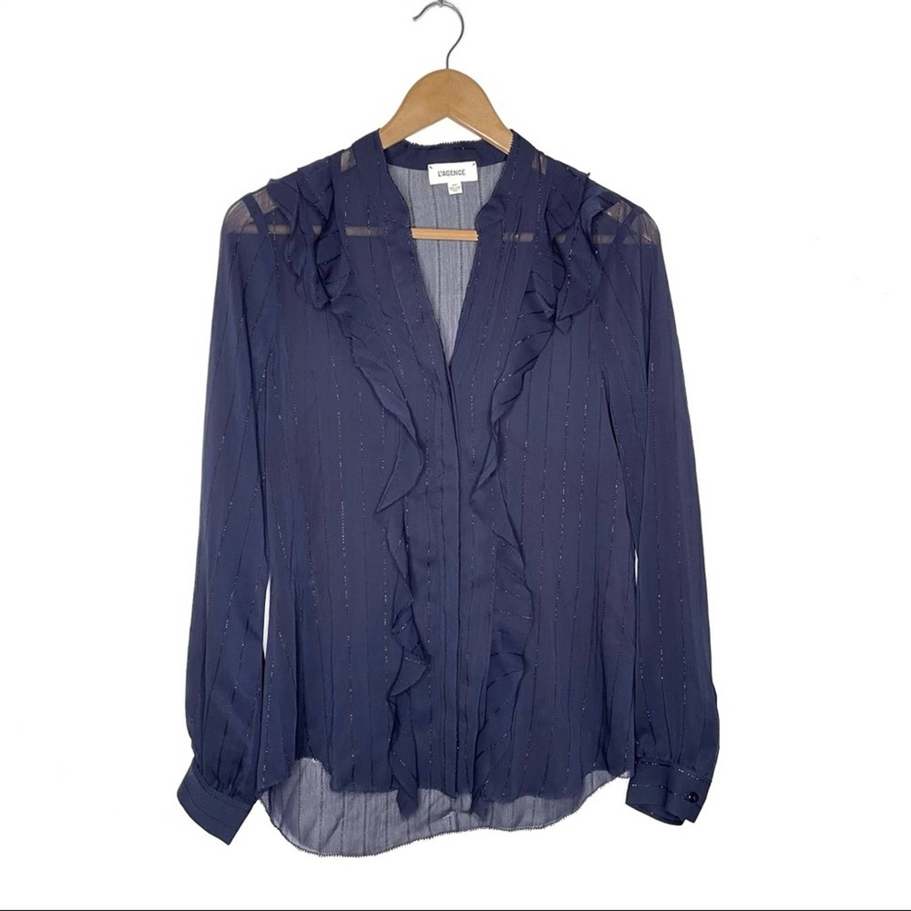 L'agence Sheer Ruffled Blouse Long Sleeves Navy Blue Button Down Top Size XS